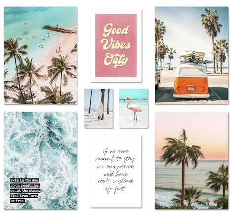 ARTFAVES® Poster Set - SUMMER VIBES - mehrteilige Wanddeko Wohnzimmer & Schlafzimmer - 8 moderne Wandbilder Sommer, Strand, Meer, Palmen, Surf, Beach, Ocean - ohne Bilderrahmen