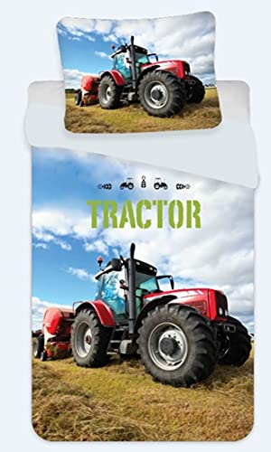 BrandMac Roter Traktor Bettwäsche-Set 135x200 80x80 Bettbezug Baumwolle Trecker Bauernhof