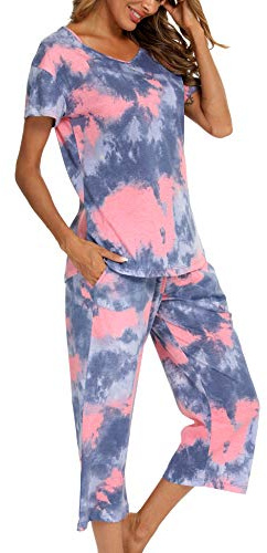 ENJOYNIGHT Ensemble de pyjama imprimé tie-dye pour femme avec haut et pantalon capri avec poche