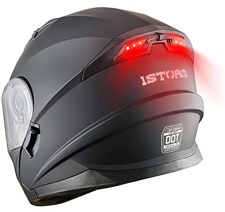 1Storm New Motorcycle Bike Modular Full Face Helmet Dual Visor Sun Shield with Rechargeable LED Tail Light: Matt Black