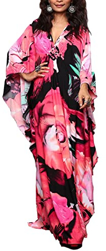 LikeJump Dam boho, kimono, lång kaftan, klänning, strandklänningar, cardigan, pareo, bikini cover-ups, A Rose Blumen, En Storlek