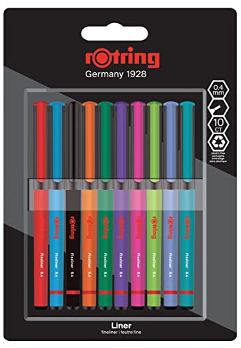 rOtring Liner Fineliner Pens | 0.4 mm | Colouring Pens for Writing & Drawing | Plastic-Free Packaging | Assorted Colours | 10 Count