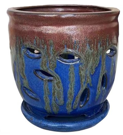 Grande vaso per orchidee in ceramica con fori, 15,2 cm, con sottovaso, per piante da interno, decorazione per la casa, vaso rotondo (blu e marrone dorato)