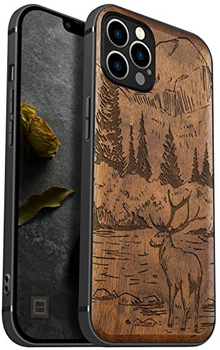 Carveit Handyhülle für iPhone 12 Pro Max Holz Cover kompatibel MagSafe mit Apple & QI drahtlosen magnetischen Ladegeräten Massivholz Kompatibel mit 12 Pro Max hulle（Nussbaum-Berge und Hirsche）