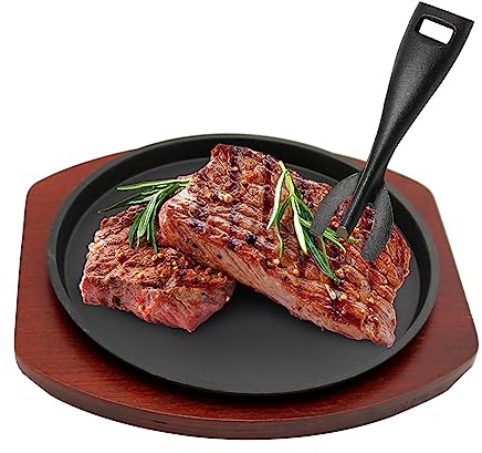 VIKKSAER Assiette à steak en fonte de 25,9 cm, assiette grésillante avec base en bois et pince pour plaque chauffante, plaque de serveur à steak pour restaurant, maison, cuisine, accessoire de cuisine