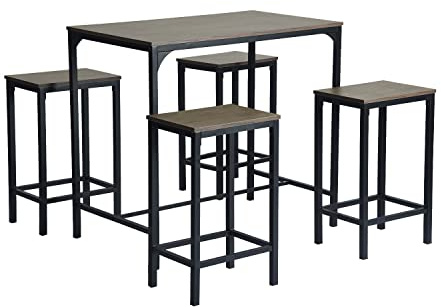 buybyroom 5er Bartisch Set, Esstisch mit 4 Barhockern 100x60x90cm Bartisch mit Barhocker 30x40x65cm Küchentisch Küchenstühle, Braun
