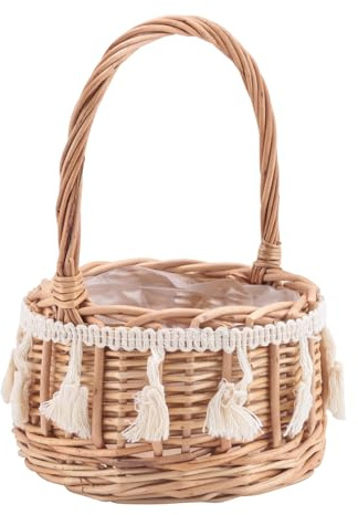 Povxlum Woven Storage Basket and Ribbon Wedding Flower Girl Baskets Wicker Rattan Flower Basket for Home Garden Decor 8 * 11 * 20cm