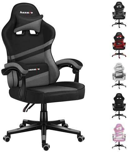 huzaro Force 4.4 Ergonomischer Gaming Stuhl - PC Stuhl für Gaming | Bis 130 kg belastbar - Kopfstütze Lendenkissen - Stoff Kunstleder - Höhenverstellbar Wippfunktion - Schwarz