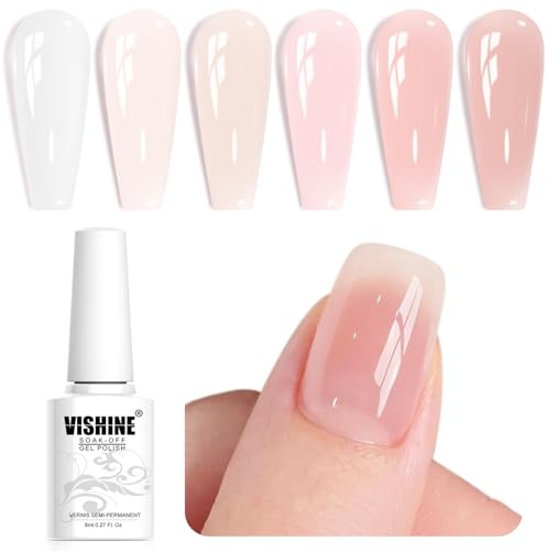 Vishine Kit 6 smalti in gel, bianco, rosa, nude, trasparente, neutro, nail art, design traslucido, lampada UV, manicure fai da te, 8 ml