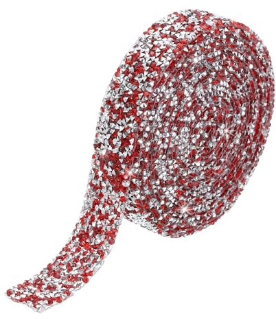 QUARKZMAN 1 Pieza Cinta de Diamantes de Resina con Adhesivo de Base Plateada Rojo 3 Yardas x 0.8 Pulgadas Adorno de Estrás de Resina para Manualidades y Ropa Diy