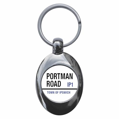 Ozorath Portman Road Ip1 Town Of Ipswich Sign Keyring with Trolley Coin | Keychain, Split Ring Attachment, Integrated Shopping Cart Token, Metal Key Fob, Gift Idea, Present, Novelty, Car, House, Flat