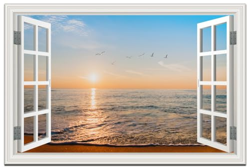 Beach Wall Art Pictures White Fake Window Frame Style Sunset Painting Seascape Artwork Ocean Birds Theme Prints on Canvas Blue Coastal Landscape for Living Room Bedroom Bathroom Home Office Decor24x36inch
