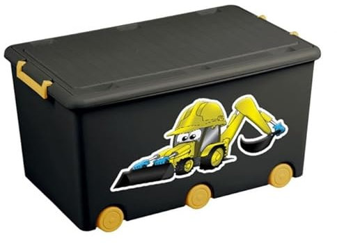 BDW Aufbewahrungsbox mit Deckel - Kiste für Kinderzimmer, Kindergarderobe - Spielzeug Aufbewahrung, Spielzeugkiste, Box 60 L - 57 x 36 x 29 cm - Kunststoff - mit Motiv Bagger