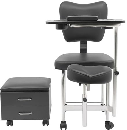 ROMYIX Mobile Pediküre Stuhl,Massage Stuhl Nagelstation Kosmetikstuhl Hocker mit 2-stufiger Aufbewahrungsschrank,Salon Hocker Höhenverstellbar (schwarz)
