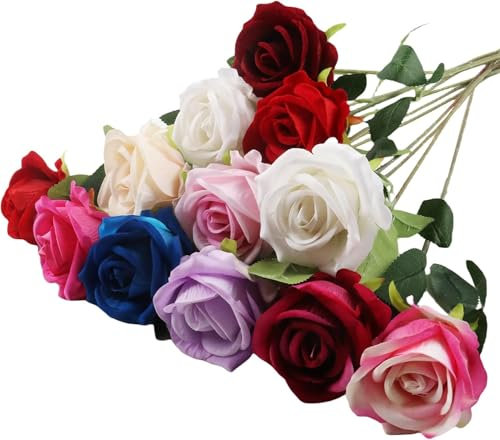 JAONLD Artificial Roses, 12 Pcs Realistic Fake Roses 20 inch Silk Flowers Bridal Bouqets with Single Long Plastic Stem for Wedding Home Birthday Party Arrangment Garden Decoration (Mixed Colors)