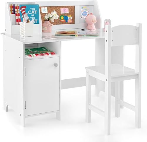 FANTASK Barnskrivbordsset, skrivbord barn med stol av trä, skolskrivbord med bokhylla, skåp och anslagstavla, ungdomsskrivbord för barn från 3 år, vitt
