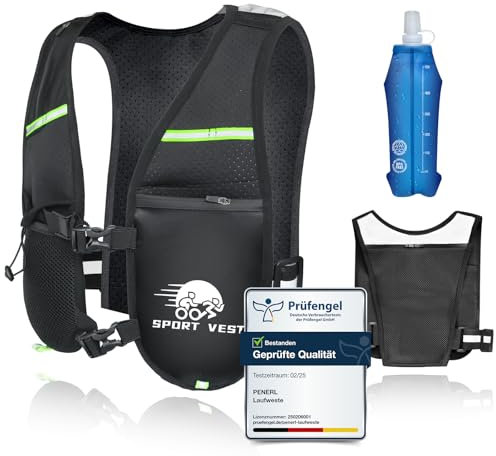 Laufweste Herren - Prüfengel Zertifiziert Leichte & Atmungsaktive Laufweste Damen mit 500ml Wasserflasche, Laufrucksack Herren mit Mehreren Taschen und Verstellbarem Riemen für Rennen