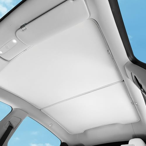 TOPABYTE Solskyddstak för Tesla Model Y Juniper 2025 Uppgradering iskristall vikbar bilglas solskydd solskydd värmeisolering skydd tak fönster UV-skydd, beige