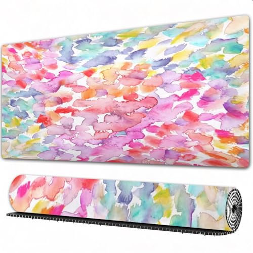 FEHWI Mauspad 90×40 cm Verlängertes großes Mauspad Schreibtischauflage,Nahtloses Hintergrundmuster mit Leuchtend rosa, türkisblauen und gelben Pun,genähte Kanten Gaming Mauspad,rutschfeste Gummibasis