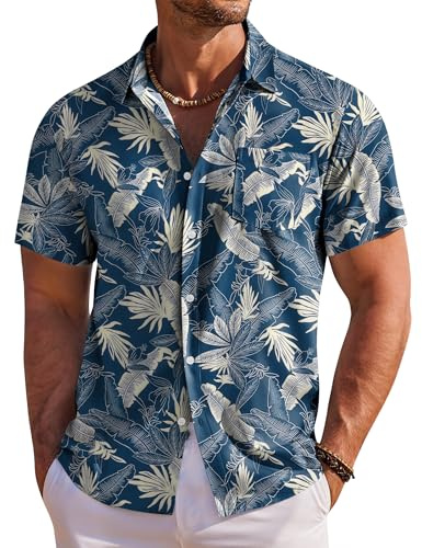 COOFANDY Hawaiianska skjortor för män kortärmad sommartröjor för män tropisk semester strandskjorta med framficka, Blått blad, L