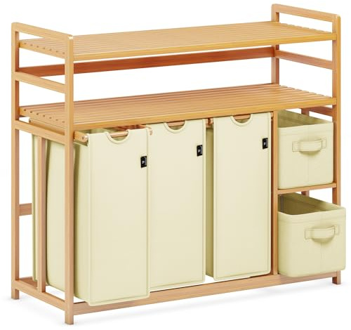 AdelDream Wäschekorb 190L, 5 Fächer Wäschesammler, 2 Ablagen, Bambus | Wäschesortierer mit 3 x 50L Säcken, 2 Stoffboxen, ausziehbar, Farbe Beige