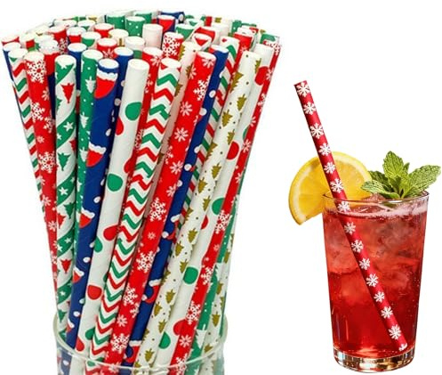 Weihnachts-Strohhalm Papier, 500 Stück Papier Strohhalme Trinkhalme mit Weihnachtsmotiven in 8 Verschiedenen Designs, Mehrweg Strohhalme Weihnachten-Biologisch Abbaubar