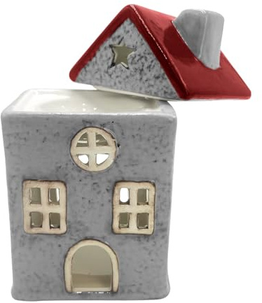 Cello Star Cottage Burner - Red Ceramic House Scented Wax Melt Fragrance Oil Burner Tealight Decorative Holder Aroma Lamp Present Home Gift for Christmas