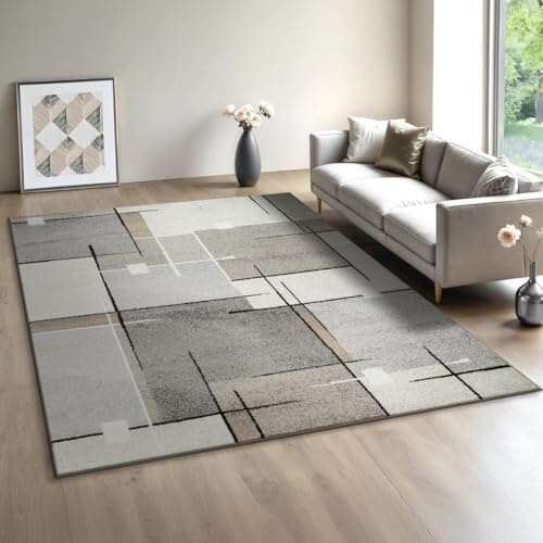 Mia´s Teppiche Modena - Moderner Kurzflor Teppich, Wohnzimmer & Schlafzimmer, weich & pflegeleicht, geometrische Muster, Kariert, Beige, 140 x 200 cm