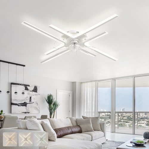 Ventilador de techo grande blanco de 85 cm con control remoto y luces LED regulables, ventilador de techo silencioso reversible de 6 velocidades para dormitorio y sala de estar, diseño moderno con