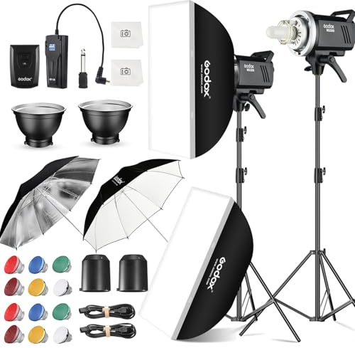 2pcs Godox MS300 Studio Flash Kit for Photography Lighting,600W Professional Bowens Mount Strobe Flash Monolight with Softbox,Trigger,Stands,Umbrellas,Reflectors for Photo Product Portrait Shooting