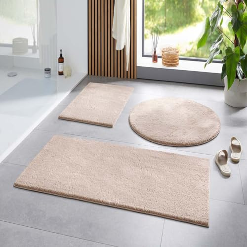 Taracarpet Badematte Fiona rutschfest waschbar Badezimmerteppich sehr weich und als Set kombinierbar Uni New Beige 060x120 cm