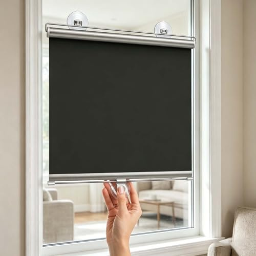 Fenster Verdunkelung 30 35 40 45 50 55 60 65 70 80cm Sonnenschutz Rollos Mit Saugnäpfen, Ohne Bohren Verdunklungsrollo, for Wohnzimmer/Büro/Auto Temporäre Jalousien(Schwarz,W45xH85cm)