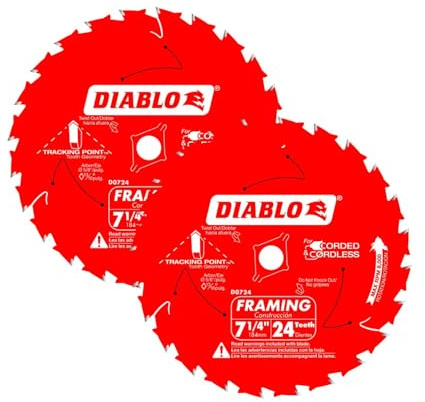 Diablo Framing Saw Blade for Wood - 7-1/4 x 24-Tooth, Thin Kerf, Anti-Vibration, Long Life for Framing & Pressure-Treated Wood, Tracking Point Tooth Design - Pack of 2 - D0724A