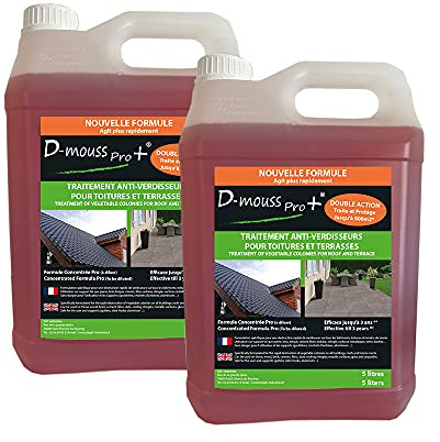 D-MOUSS PRO Démoussant Concentré Bidon 2x5L jusqu'à 1 000 m², Anti-Verdissure et Anti-Dépots Verts, Usage Multi Support (Toiture, Terasse, Façade, Pavé)