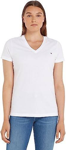 Tommy Hilfiger Damen T-Shirt Kurzarm Heritage V-Ausschnitt, Weiß (Classic White), XL