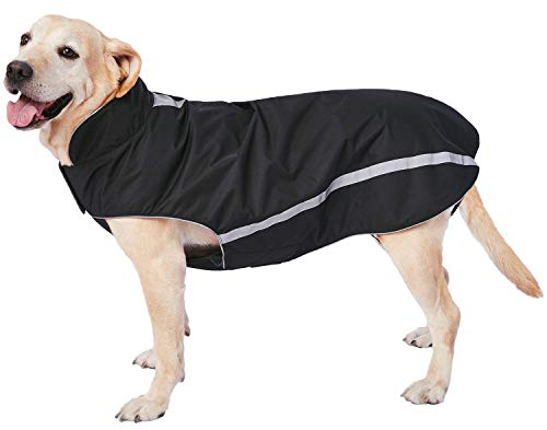 Wasserdichter Hundemantel Hundejacke mit Kragenloch Klettverschluss Fleece gefüttert reflektierender Wintermantel für mittelgroße große Hunde Schwarz 4XL