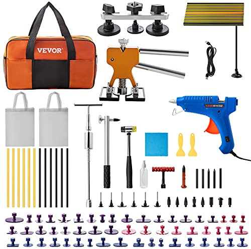 VEVOR Kit de Reparación de Abolladuras 89 Piezas Kit de Extractor de Abolladuras, Herramienta de Barra en T, Kits de Eliminación de Lengüetas para Carrocería de Automóvil Gran y Pequeña Abolladura
