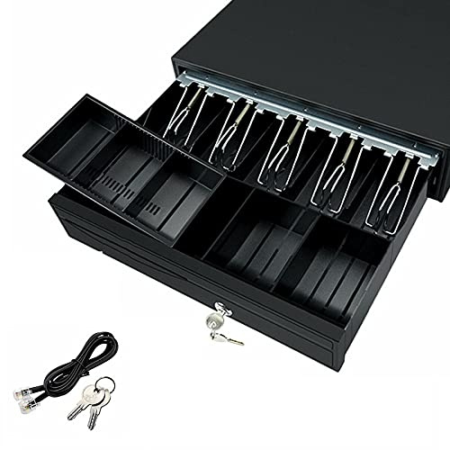 Heavy Duty Steel Cash Drawer Register Removable Insert 5 Bills & 5 Coins Cash Tray Till Money Drawer POS Cash Drawer Cash Register Drawer 40.5 x 42 x 10cm Black