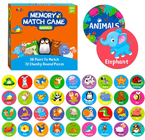 SpriteGru Memory Matching Game, 72 PCS Animal Matching Cards for Toddlers 36 Pairs Memory Cards for Preschool 4 5 6 Years Old