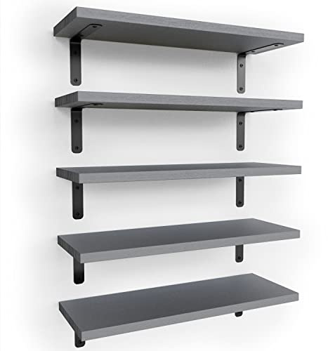 RICHER HOUSE Set di 5 mensole da bagno rustiche in legno, stile rustico, mensole galleggianti per decorazione da parete, mensole sospese per camera da letto, ripostiglio, cucina, soggiorno - grigio