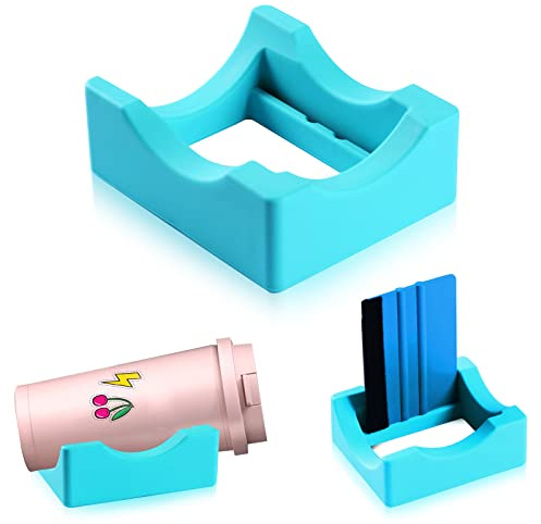 Silicone Cup Cradle for Tumblers with Built-in Slot, Tumbler Holder for Crafts Use to Apply Vinyl Decals for Tumblers, Small Tumbler Stand Cup Holder with Felt Edge Squeegee for Cups Bottles（Cyan