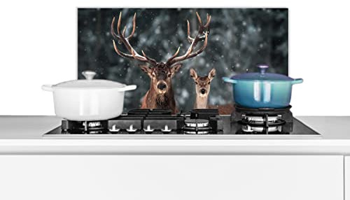 Credence Cerf - Animaux - Hiver - Bois - Neige - Nature Fond de hotte 60x30 cm Credence aluminium Plaque inox de cuisine