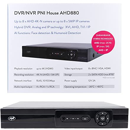 DVR/NVR PNI House AHD880, 8 canali analogici 4K-N o 8 canali 5MP, H265+, ingresso audio, uscita audio, USB2.0, 2 x SATA max 8TB
