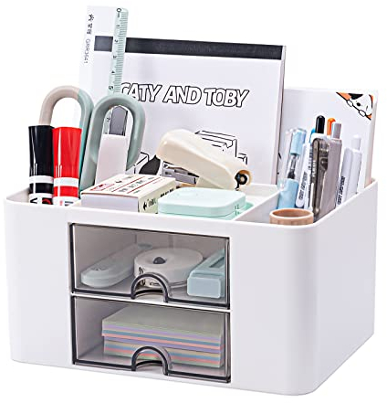 Organiseur de bureau polyvalent avec 5 compartiments, 2 tiroirs et possibilités de rangement multifonctionnelles - Idéal pour les fournitures, articles de papeterie et accessoires