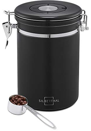 SILBERTHAL Kaffeedose 2er Set luftdicht 500g - Aromadichte Aufbewahrungsdose für Bohnen & Pulver - Inkl. CO2-Ventil & Dosierlöffel - Schwarz