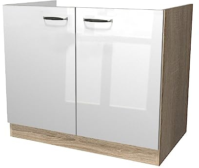 Flex-Well Spülenunterschrank 100 cm ohne Arbeitsplatte – Küchenschrank 2 Türen – 60 cm Tiefe – Hochglanz Weiß Sonoma Eiche – Spülschrank/Küchenunterschrank Serie Valencia