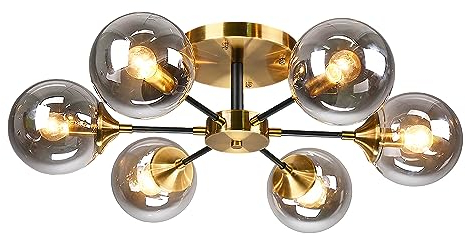 KCO Iluminación de 6 luces moderna Globo de oro Lámpara de techo de latón cepillado Cerca del techo Aparato de iluminación Baño Mid Century Gris humo Pantalla de cristal Semi Flush Mount