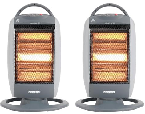 Geepas 1200W Halogen Heater | Instant Heating Portable Heater, 3 Heat Settings 400/800/1200W| Oscillation Function, Carry Handle & Safety Tip Over Switch (With Handle - Pack of 2)
