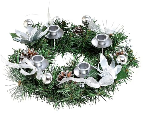 URMAGIC Christmas Advent Wreath Ring Candle Holder,30cm Christmas Wreath Candle Stand with Ribbons Bows,Berry,Pine Cone and Flowers,Christmas Centerpiece Decor,Xmas Tabletop Ornaments (B)