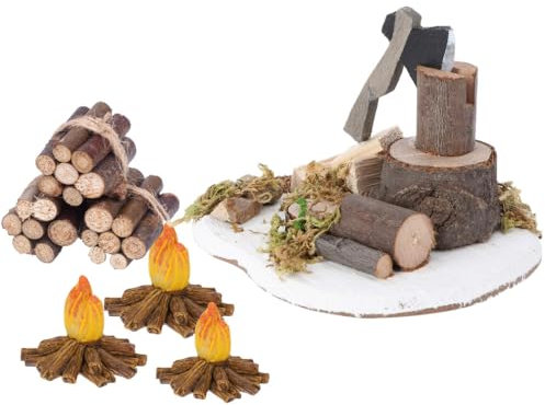 Super Idee Miniatur Wichteltür Zubehör Set Hackstock mit Axt + 3 Holzstapel Rollen + 3 Lagerfeuer Wichtelzubehör Feengarten Zaubergarten Feentür Nissedor Zubehör Weihnachten DIY Geschenk